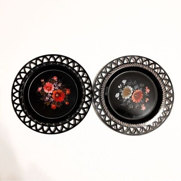 Hand Painted Tole USSR Russian Soviet Floral Plates Lace Lattice Edge Set of 2 - Picture 1 of 6